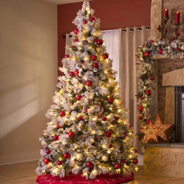 Artificial Prelit Snow Flocked Christmas Tree with Pine Cones and Warm White Lights