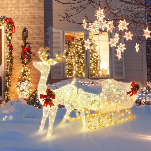 Christmas Lighted 6 FT Reindeer & Santa’s Sleigh, Xmas Lighted Outdoor Yard Decoration W/ 215 LED Lights