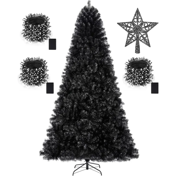 Artificial Black 7.5ft Pencil Christmas Tree with 1,450 Tips-1pcs Treetop Star 3 Set 300 Led String Lights