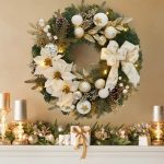 24 Inch Lighted Christmas Wreath with Timer Pre-Lit Xmas Wreath with Flower Bowknot Pine Cones