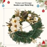 24 Inch Lighted Christmas Wreath with Timer Pre-Lit Xmas Wreath with Flower Bowknot Pine Cones - Image 3