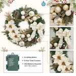 24 Inch Lighted Christmas Wreath with Timer Pre-Lit Xmas Wreath with Flower Bowknot Pine Cones - Image 4